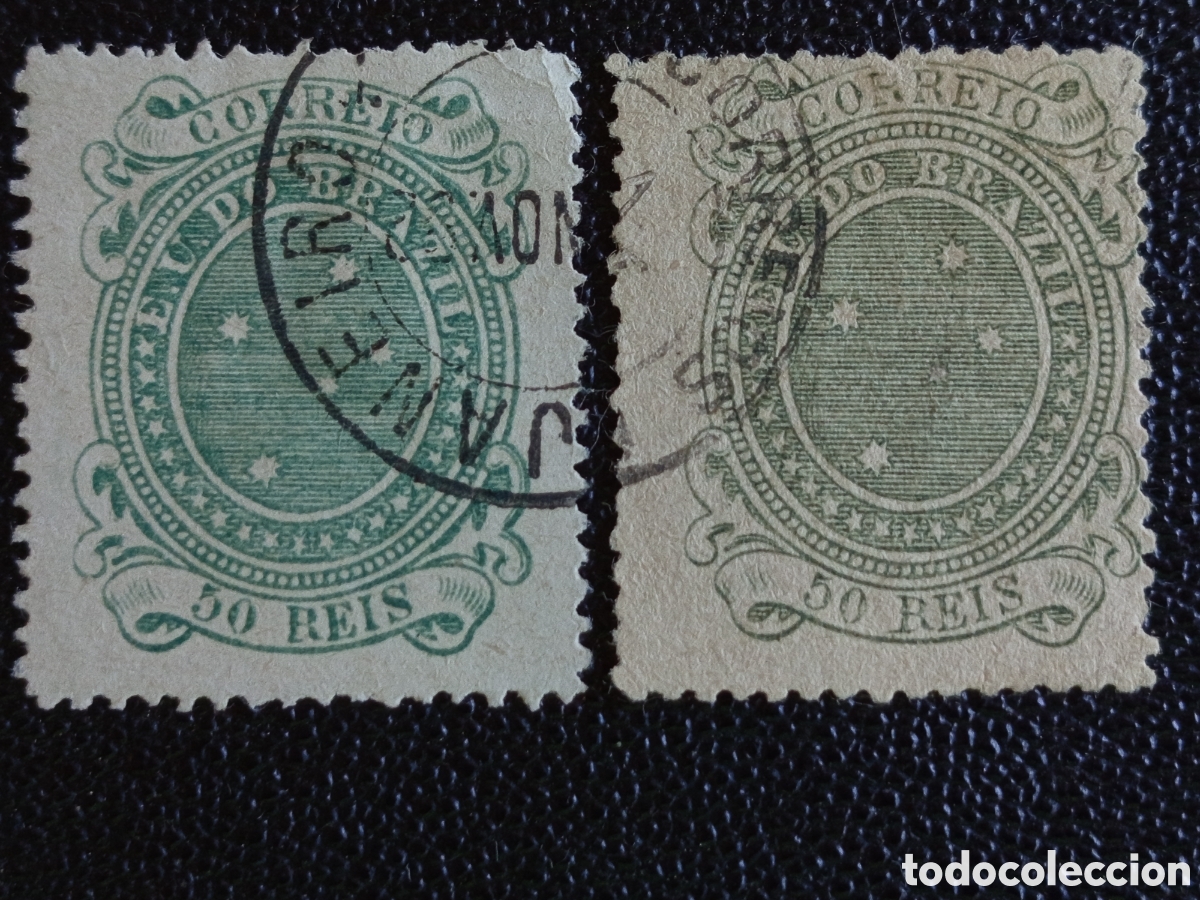 Sellos: Brasil 1890 - Pareja de 50 Reis &rdquo;Cruzeiro do Sul&rdquo; - Dos Tonalidades de Verde