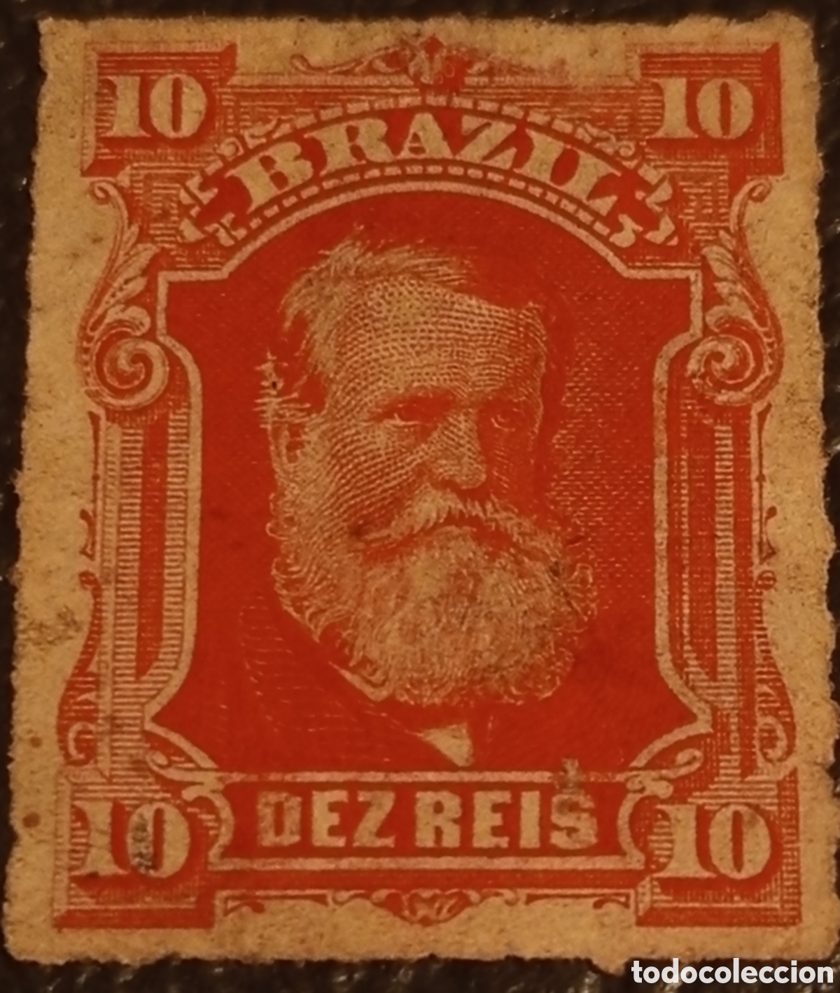 Sellos: Sello Imperio Brasil 1878 Dom Pedro II 10 R&eacute;is Vermell&oacute;n Cat&aacute;logo Scott #68 Usado