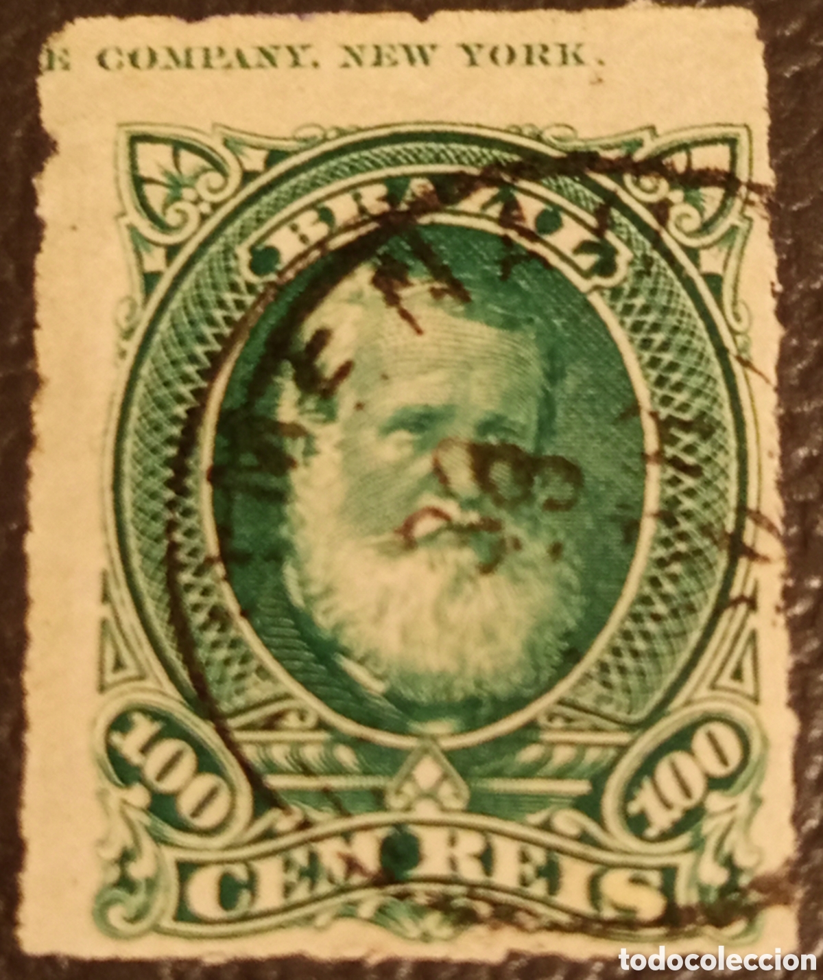 Sellos: Sello Brasil 1877 - 100R Dom Pedro II (Scott #72 / RHM #41) con Leyenda de Margen NY