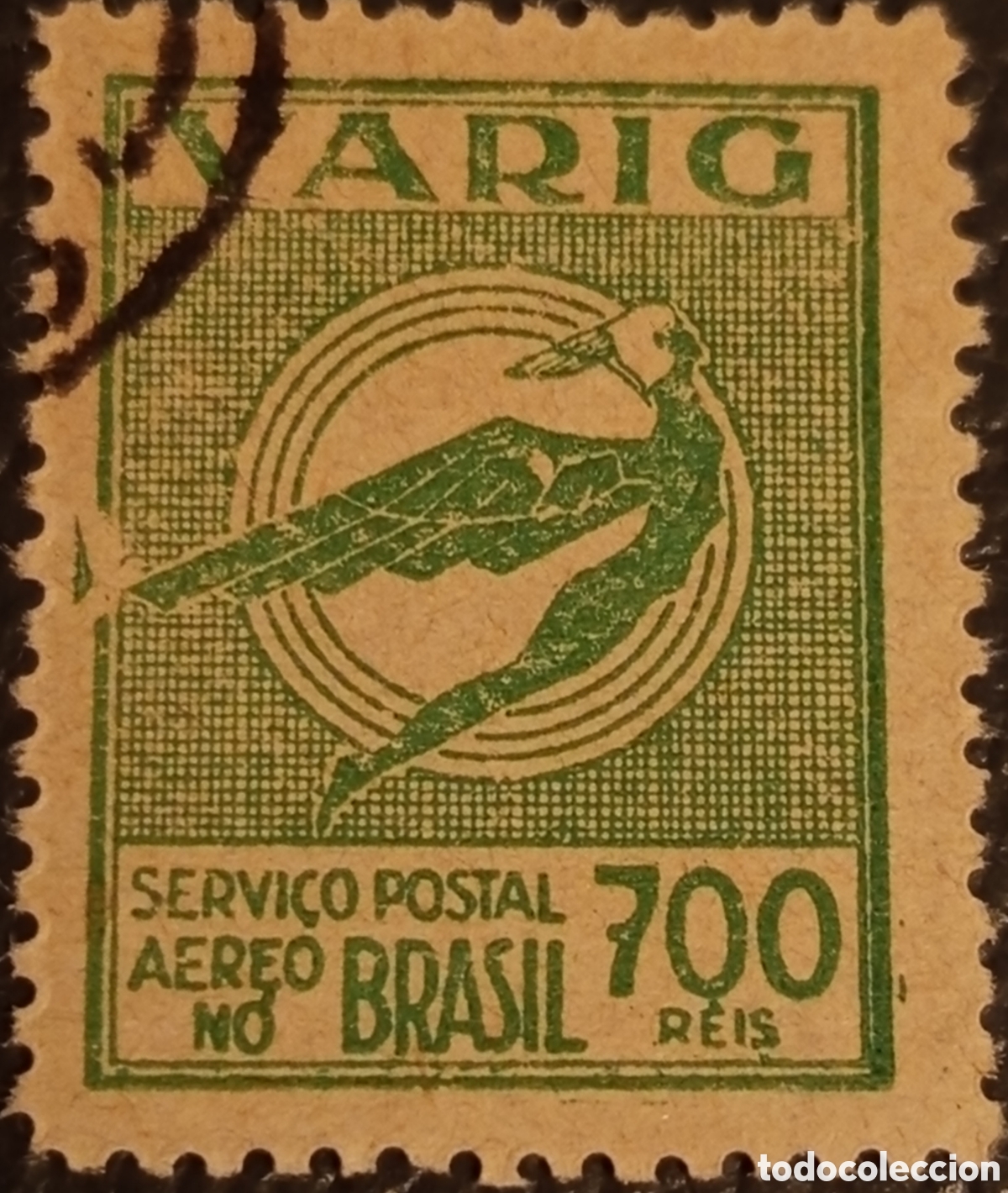 Sellos: Brasil 1934 - Sello Varig &Iacute;caro 700r Verde Usado (Cat&aacute;logo RHM V-39 / Sanabria V39)