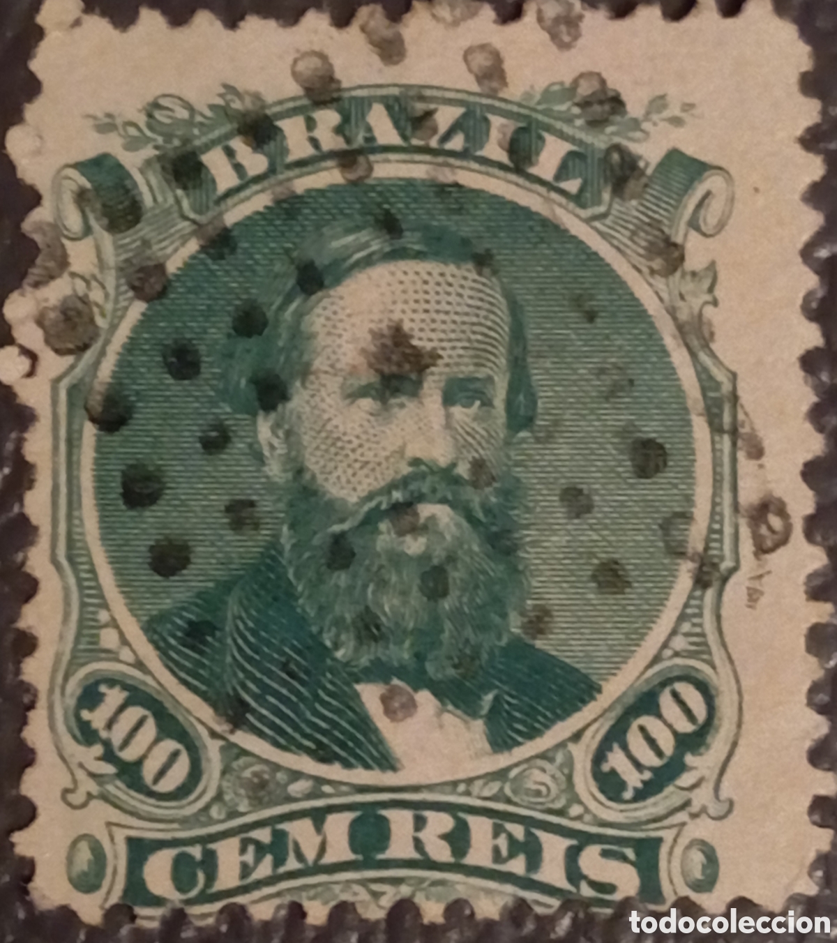 Sellos: Sello Brasil 1866 D. Pedro II 100 Reis Verde Usado (Cat. Scott #57 / Michel #24)