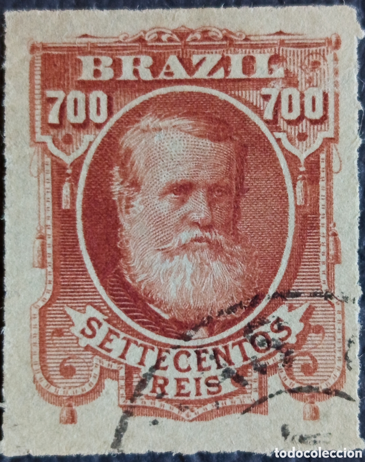 Sellos: Sello Cl&aacute;sico Brasil 1878. 700r Dom Pedro II. Cat. Scott 76. Reverso Firmado