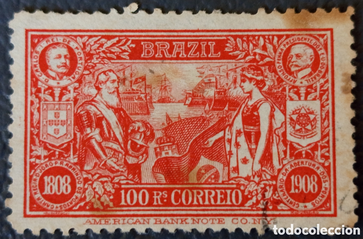 Briefmarken: Sello Brasil 1908 - 100 Rs Centenario Apertura de Puertos (Yvert #151)