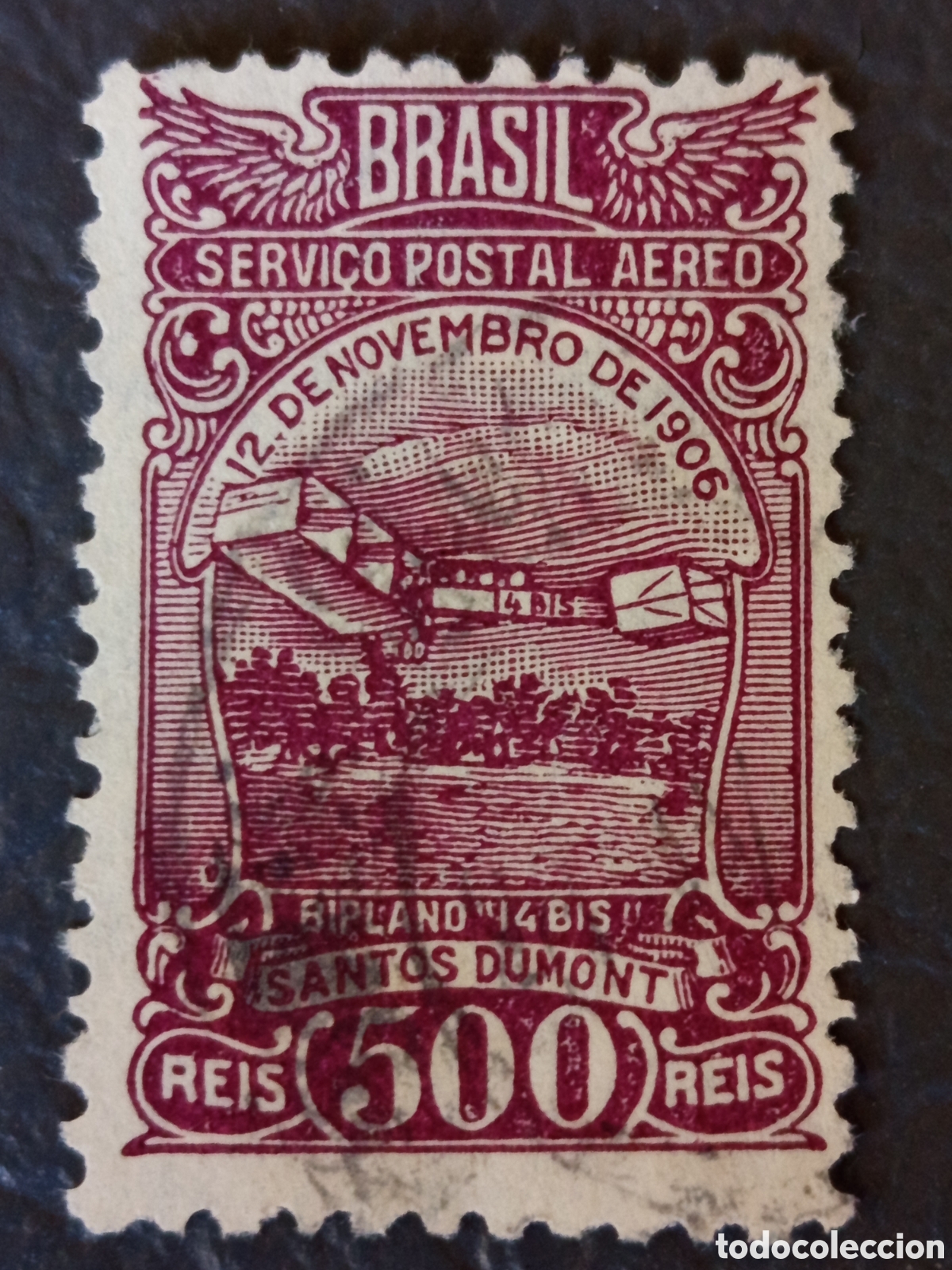 Francobolli: Sello Correo A&eacute;reo Brasil 1929 - 500 R&eacute;is Biplano 14-Bis Santos Dumont (Scott C20) Usado