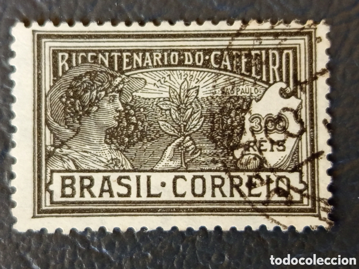 Sellos: Sello Brasil 1928 - Bicentenario del Caf&eacute; 300 R&eacute;is (Cat&aacute;logo Scott #292) Usado