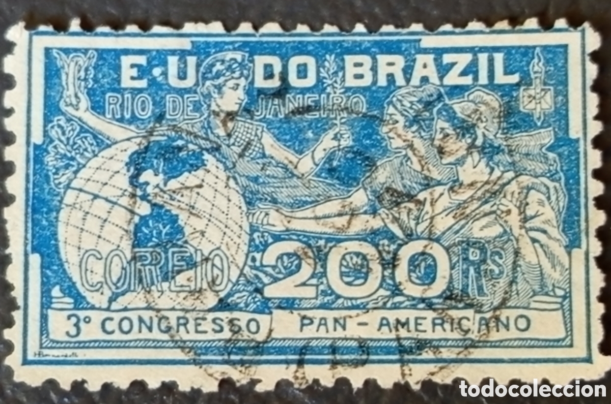 Sellos: Sello Brasil 1906 - 200 Reis Azul, 3&ordm; Congreso Panamericano - Cat. Yvert 127 / Scott 173