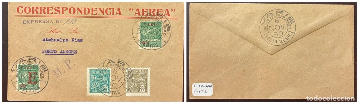 Sellos: O) 1930 BRAZIL, M.P. VARIG PELOTAS, AIRMAIL, AVIATION 200r, AVIATION 400r, CERTIFIED AND EXPRESS 70