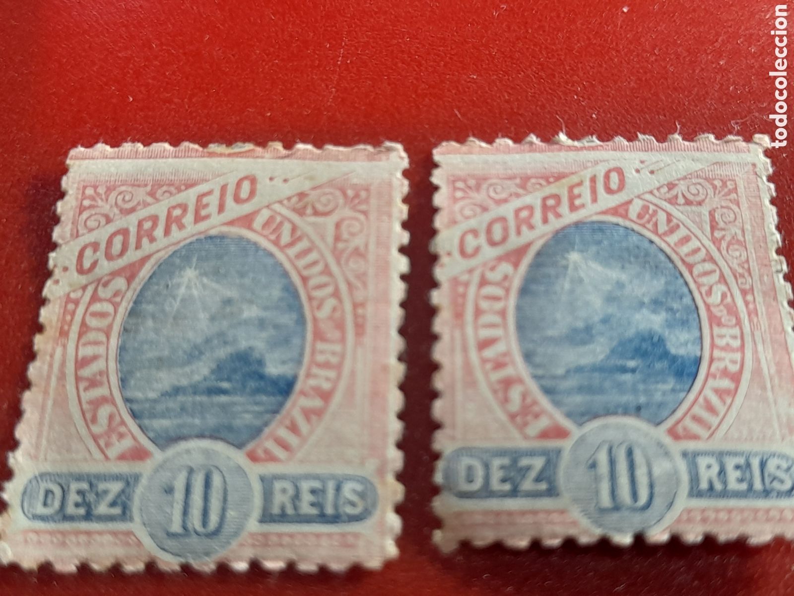Sellos: Sello Brasil no mtdo/udo 1905. Error imprenta. Monta&ntilde;a. Se venden los dos. Comparativa.