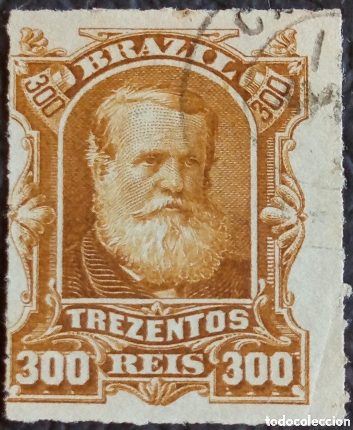 Sellos: Brazil 1876 Pedro II 300 Reis Naranja Imperforado Usado Scott 68 marquilla