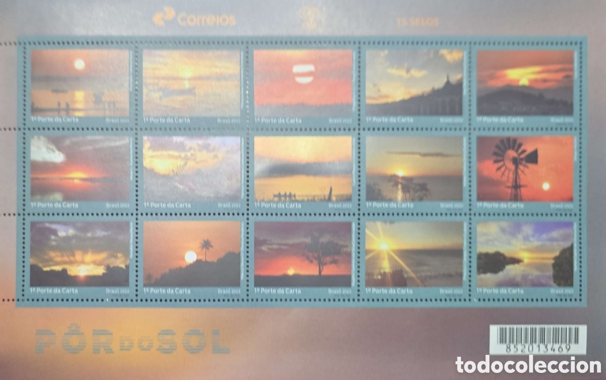 Sellos: CA)Brazil &middot; 2022 &middot; Sunsets of Brazil &middot; Commemorative sheet titled &ldquo;P&ocirc;r do Sol,&rdquo; containing fifteen s