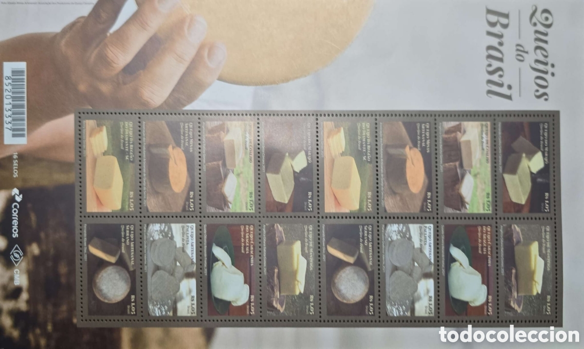 Sellos: CA)Brazil &middot; 2020s &middot; Cheeses of Brazil &middot; Commemorative sheet titled &ldquo;Queijos do Brasil,&rdquo; featuring si