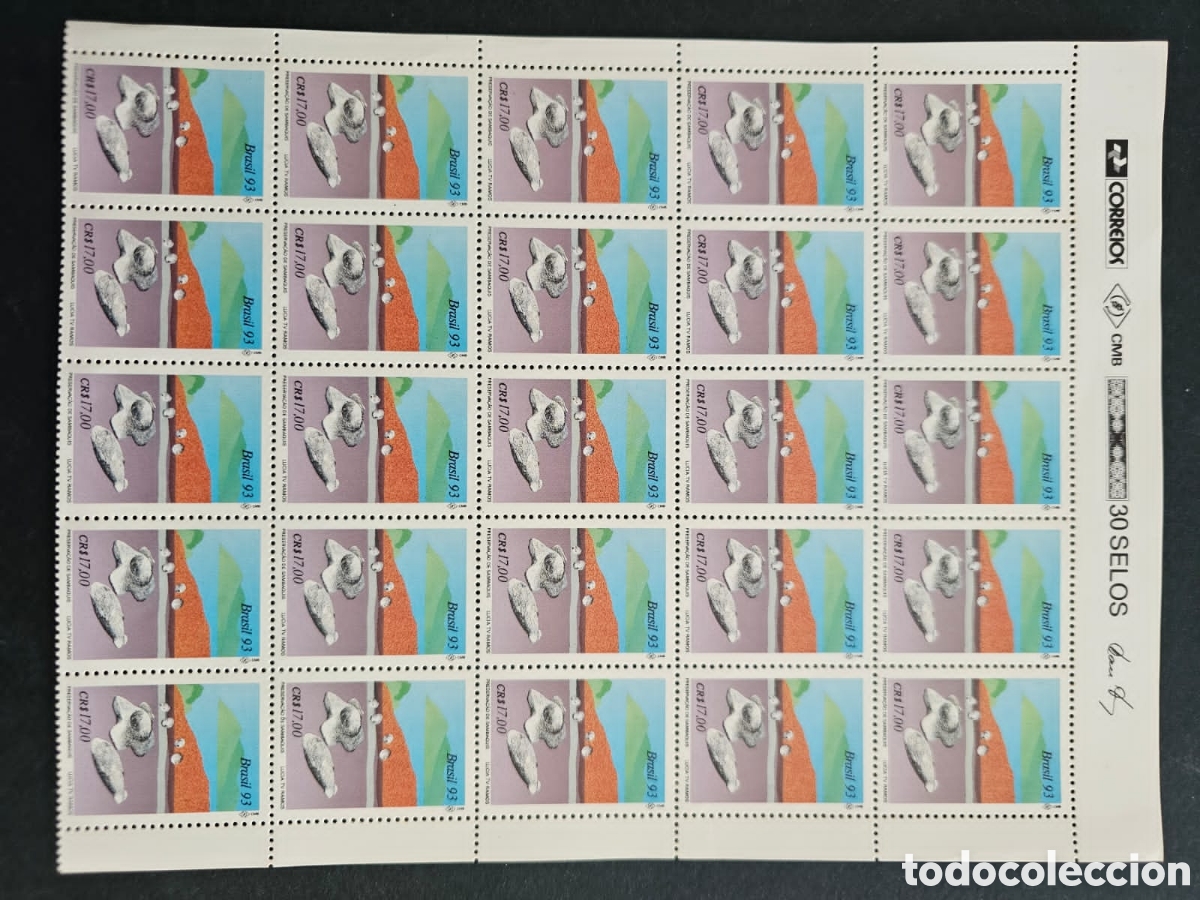 Sellos: CA)Brazil + 1993 + Cotton Plant Commemorative + Full sheet of thirty stamps valued at Cr$17,00 each,