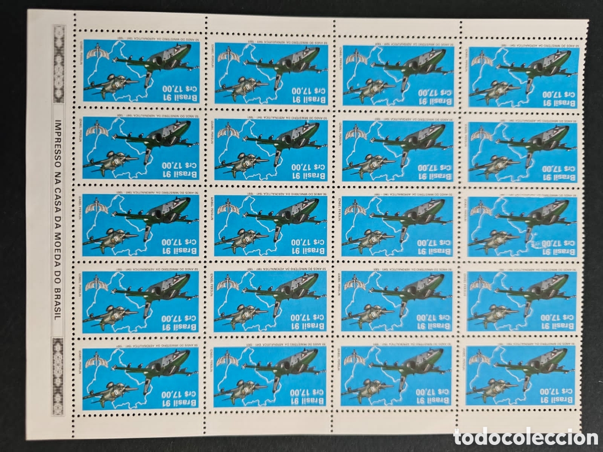 Sellos: CA)Brazil + 1991 + Aeronautics Anniversary + Sheet of twenty stamps valued at Cr$17,00 each, depicti