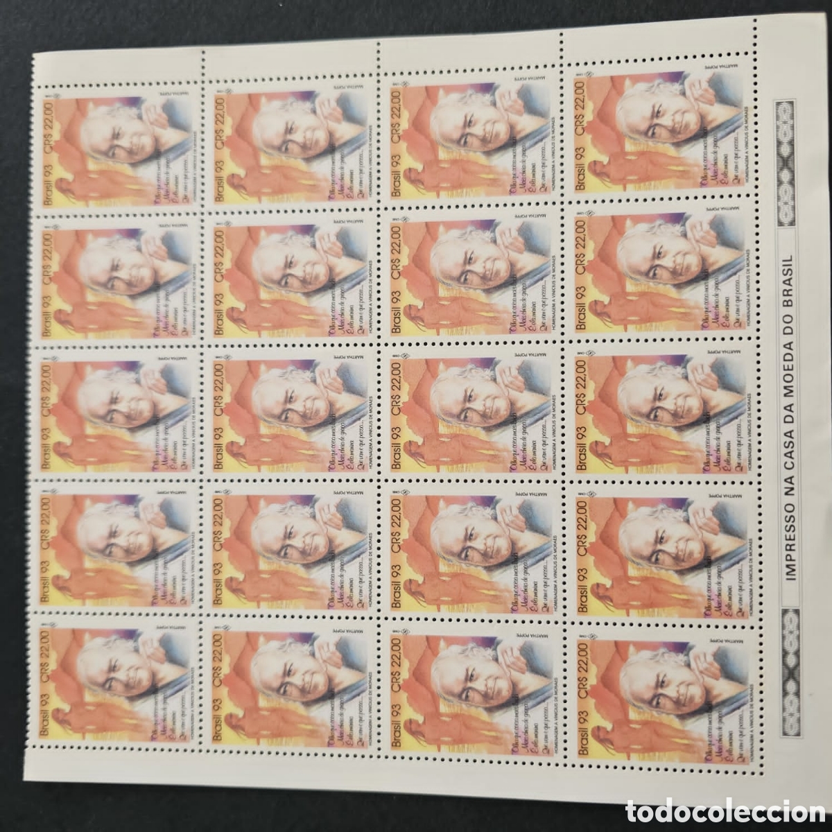 Sellos: CA)Brazil + 1993 + M&aacute;rio Quintana Commemorative + Sheet of stamps valued at Cr$220,00 each, portrayi