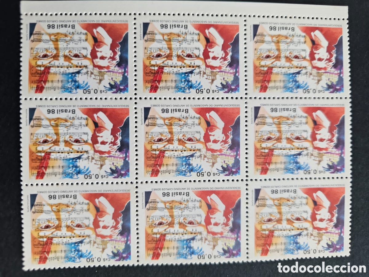 Sellos: CA)Brazil + 1986 + Ant&ocirc;nio Carlos Gomes Sesquicentennial + Sheet of nine commemorative stamps valued