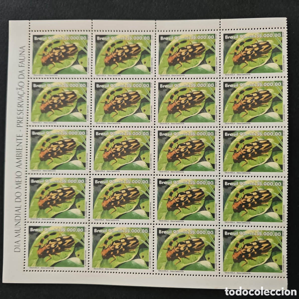 Sellos: CA)Brazil + 1993 + Environmental Commemorative + Sheet of six stamps valued at Cr$55.000,00 each, de