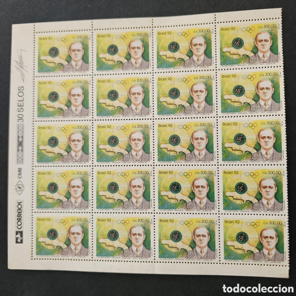 Sellos: CA)Brazil + 1992 + Olympic Commemorative + Full sheet of thirty stamps valued at Cr$300,00 each, fea