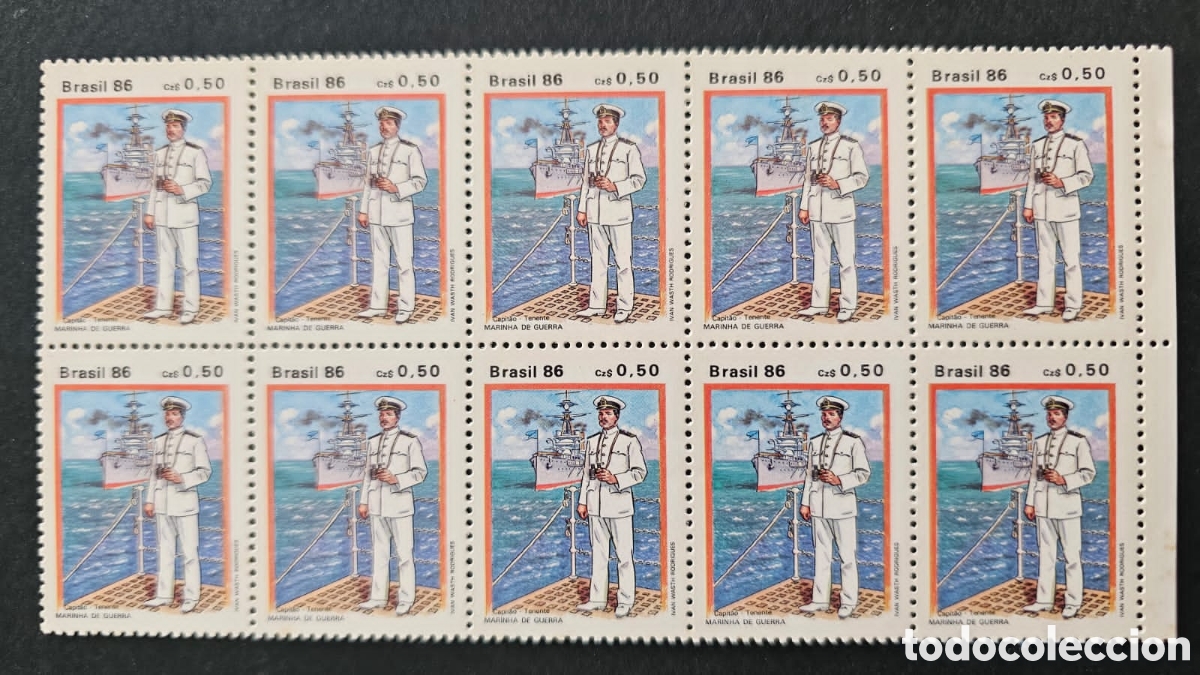 Sellos: CA)Brazil + 1986 + Naval Commemorative + Sheet of twelve stamps valued at Cz$0,50 each, depicting a