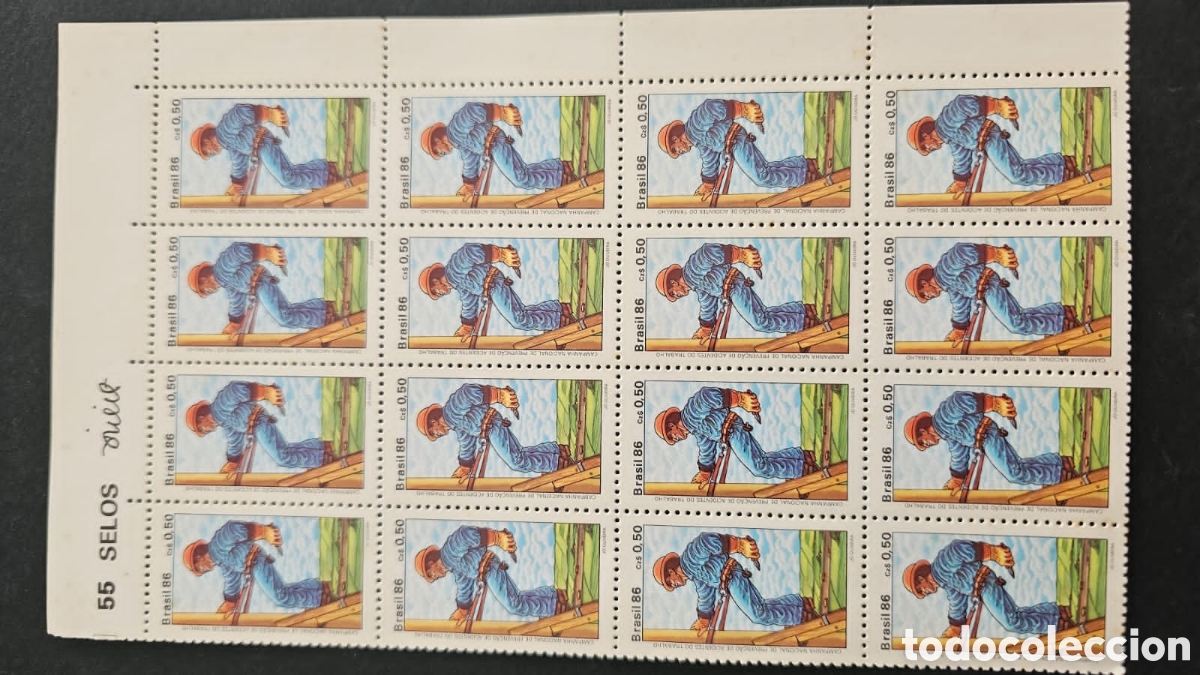 Sellos: CA)Brazil + 1986 + Labor Theme + Sheet of fifteen stamps valued at Cr$0,50 each, depicting a worker