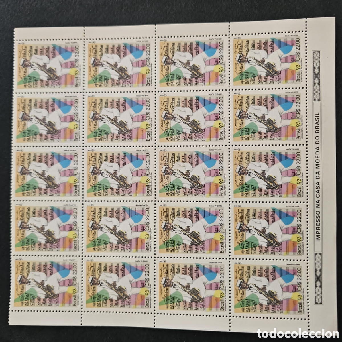 Sellos: CA)Brazil + 1998 + Music Commemorative + Full sheet of stamps honoring trombonist Raul de Barros, ea