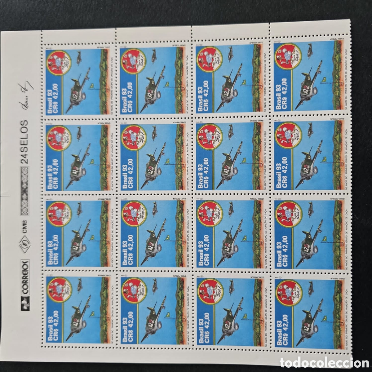 Sellos: CA)Brazil + 1993 + Aviation Stamps + Full sheet of 24 commemorative stamps showing a military jet ov