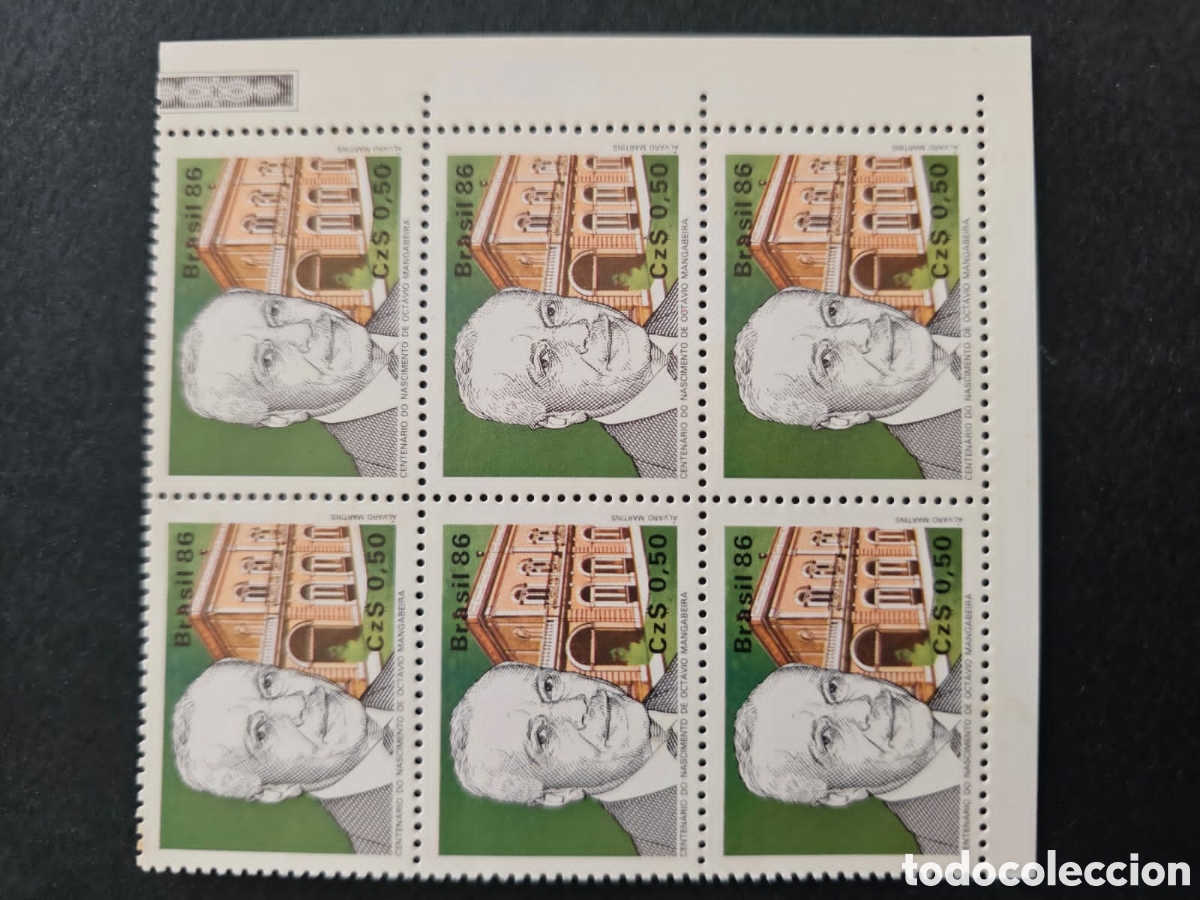 Sellos: CA)Brazil + 1986 + Oswaldo Aranha Centenary + Sheet of six commemorative stamps valued at Cz$0,50 ea