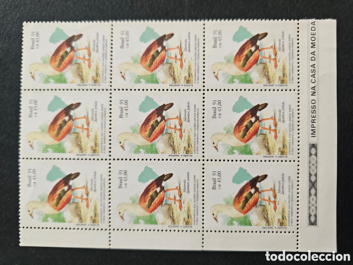 Sellos: CA)Brazil + 1991 + Bird Commemorative + Sheet of eight stamps valued at Cr$45,00 each, depicting the