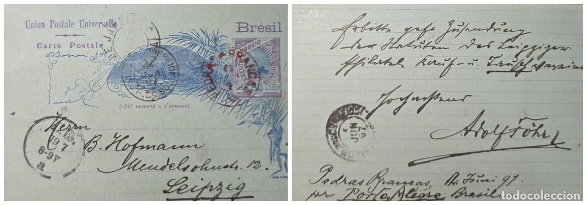 Sellos: O) 1897 BRAZIL, PEDRAS BRANCAS, POSTAL STATIONERY 80 reais, CIRCULATED TO LEIPZIG