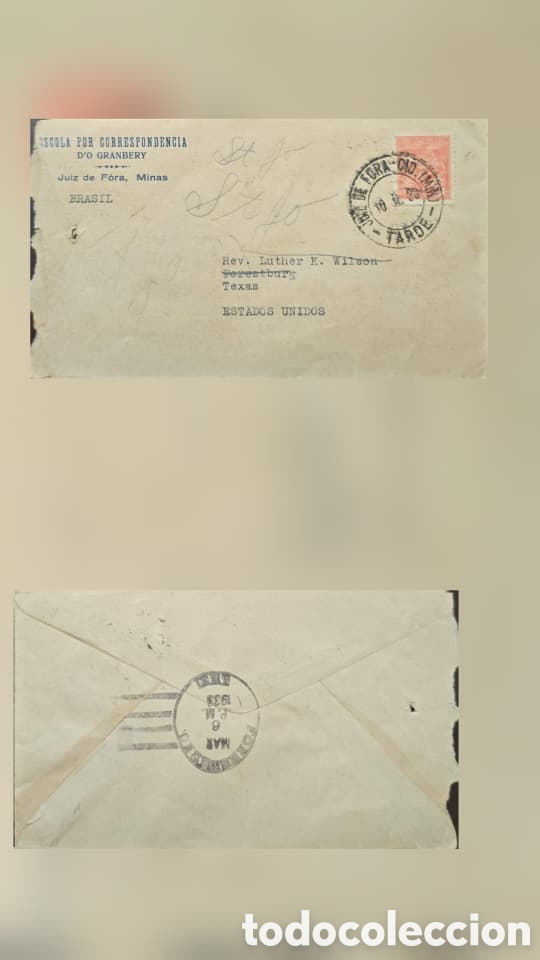 Sellos: CA)Brazil &middot; 1933 &middot; Education & Airmail &middot; Institutional envelope from Juiz de Fora addressed to Texas