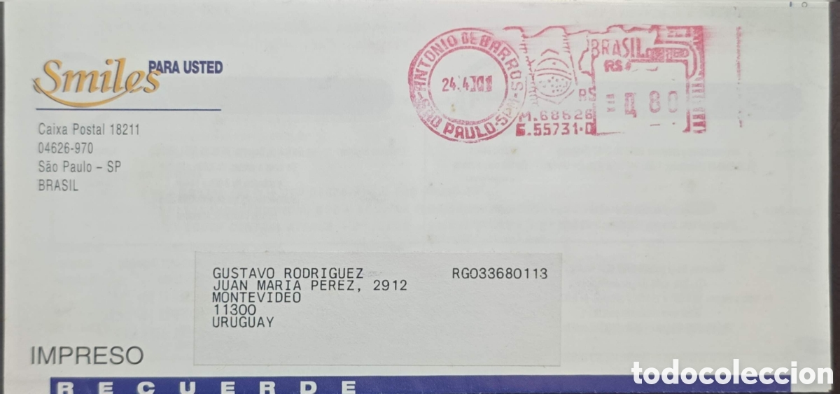 Sellos: CA)Brasil + 2001 + Airmail + Commercial envelope from S&atilde;o Paulo marked &ldquo;IMPRESO,&rdquo; red postal stamp d