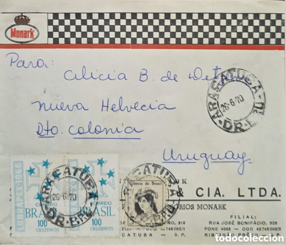 Sellos: CA)Brazil + 1970 + Commercial Airmail + Envelope from Monark & Cia. Ltda., Ribeir&atilde;o Preto, S&atilde;o Paulo