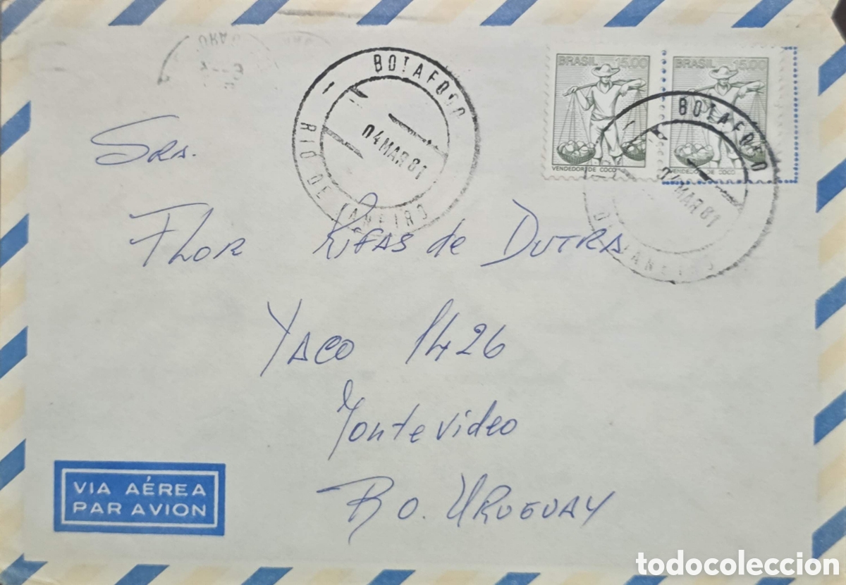 Sellos: CA)Brazil + 1981 + Coconut Vendor + Airmail envelope from Botafogo, Rio de Janeiro, postmarked March