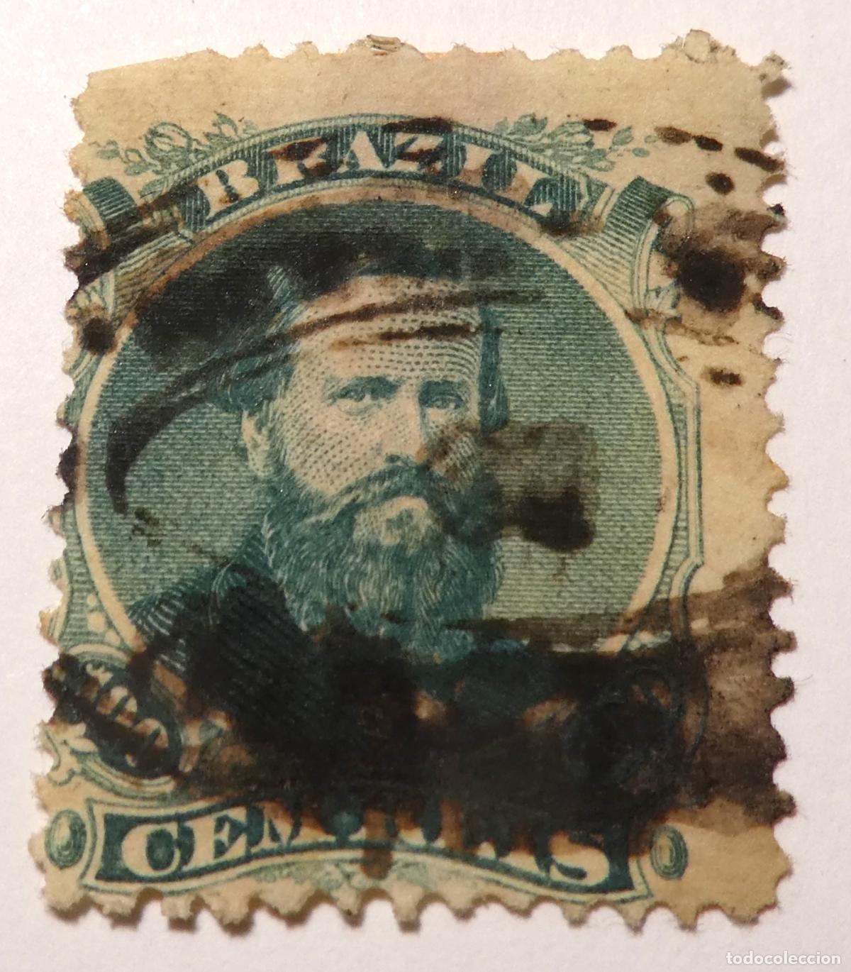 Sellos: Sello postal de Correos de Brasil 100 r&eacute;is 1866, emisi&oacute;n de Dom Pedro II