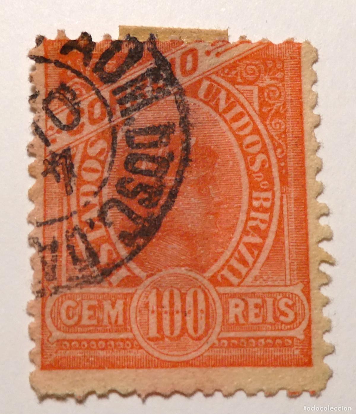Sellos: Sello postal de Estados Unidos del Brasil 100 r&eacute;is 1905, efigie de la Libertad/Rep&uacute;blica