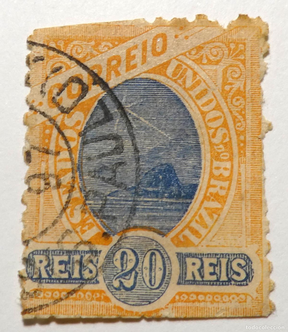 Sellos: Sello postal de Brasil de 20 r&eacute;is 1899, vista del Pan de Az&uacute;car de R&iacute;o de Janeiro