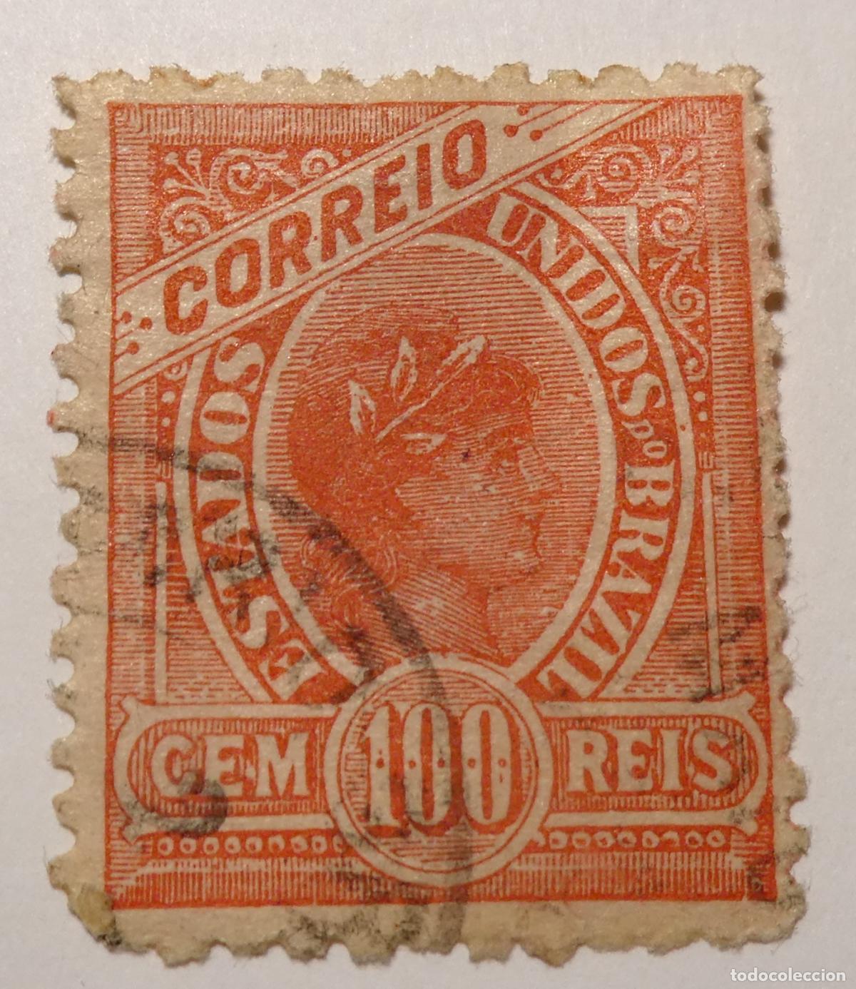 Sellos: Sello postal de Brasil de 100 Reis 1894, efigie aleg&oacute;rica de la Libertad o la Rep&uacute;blica
