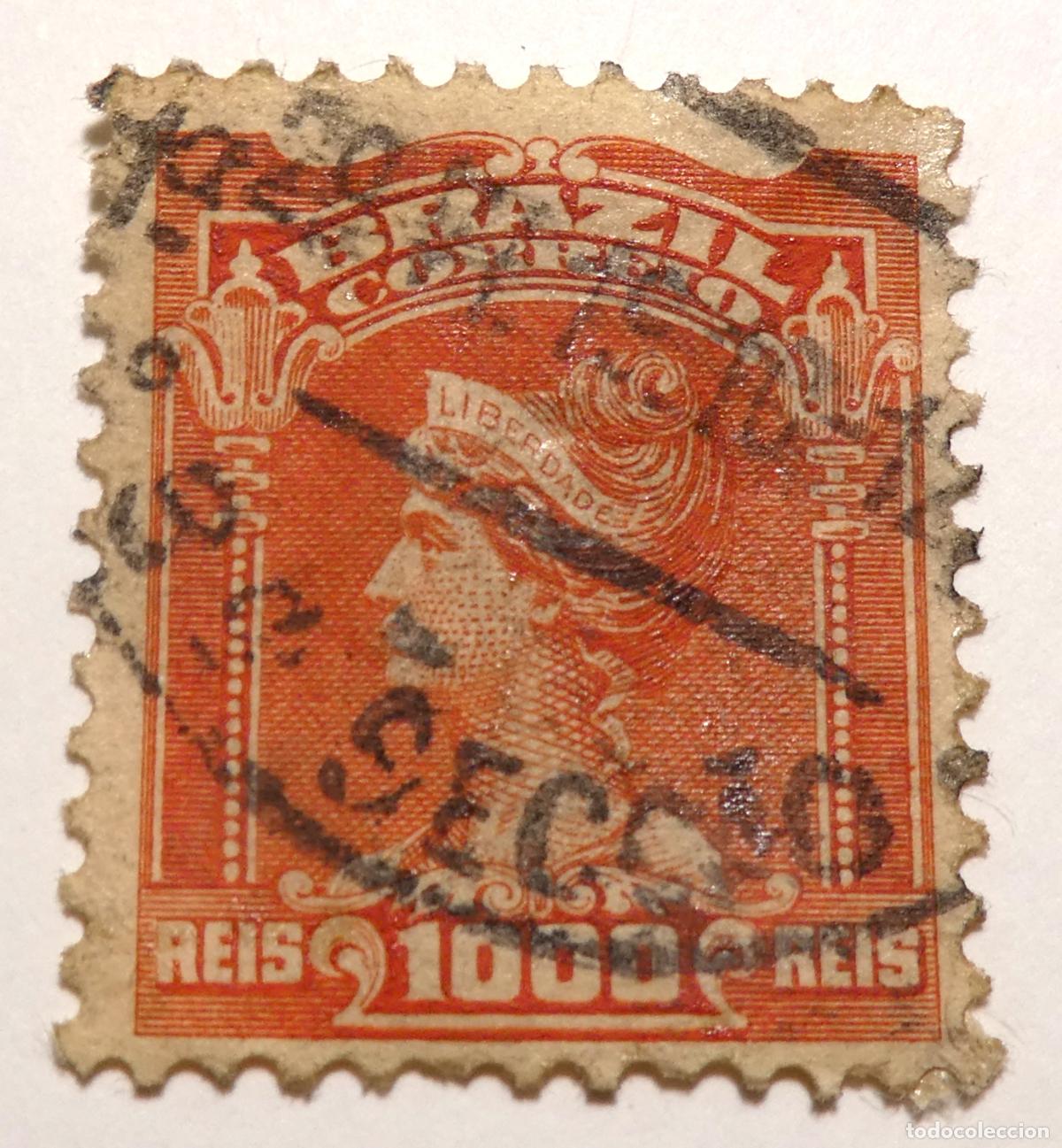 Sellos: Sello postal de Brasil de 1000 r&eacute;is 1906, Alegor&iacute;a de la Rep&uacute;blica