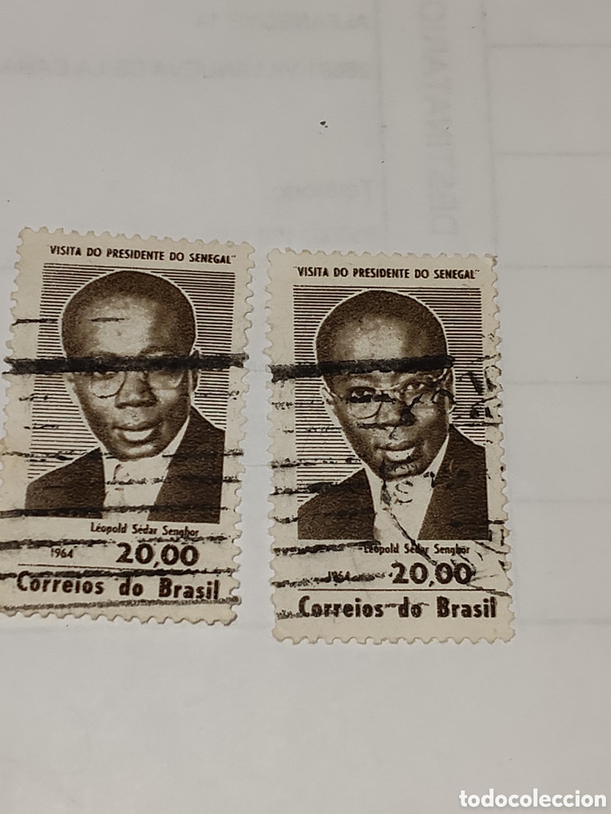 Sellos: 2 Sellos de Brasil visita del Presidente de Senegal Leopold Sedar 1964 usados