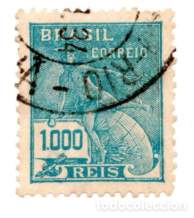 Sellos: Brasil 1920-41 Merc&uacute;rio Com&eacute;rcio 1000 r&eacute;is turquesa usado carimbo Rio