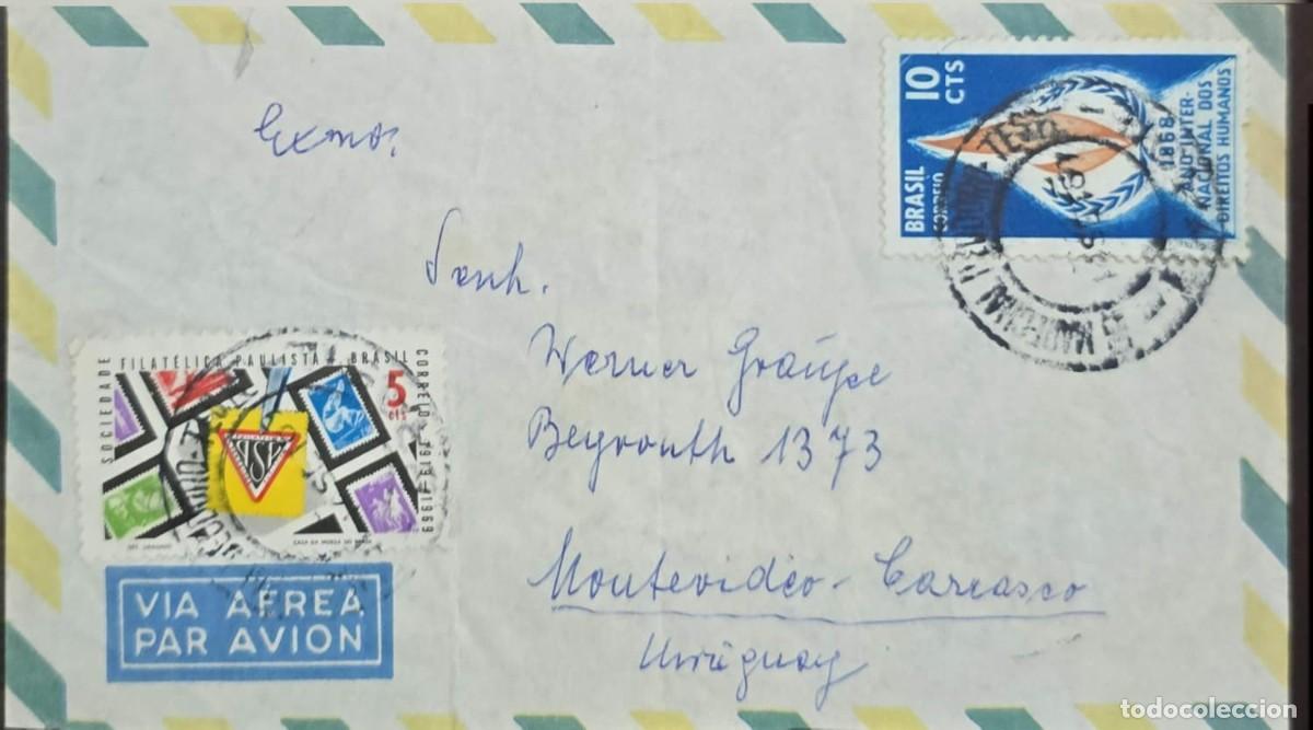 Sellos: MI) 1968, BRAZIL, AIRMAIL COVER ADDRESSED TO MONTEVIDEO, BEARING TWO STAMPS&mdash;ONE FOR &rdquo;INTERNATIONAL Y