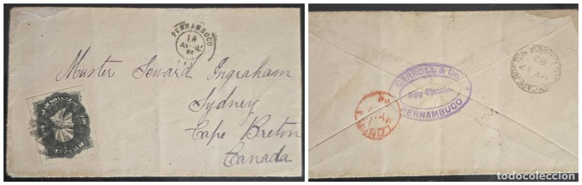 Sellos: O) 1866 circa, BRAZIL, PERNAMBUCO, EMPEROR DOM PEDRO 200 reis black, SCT 59, CARROLL AND Co, SHIP CH