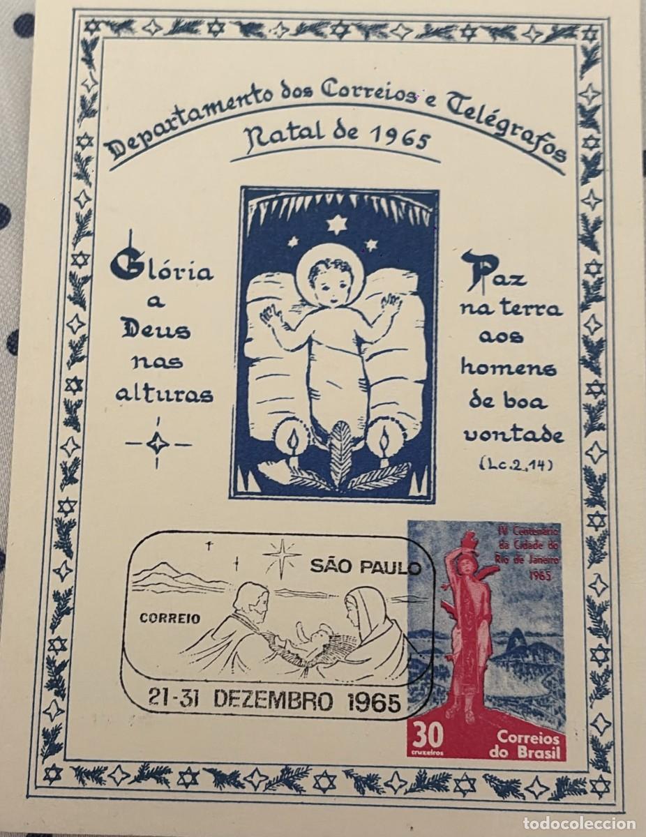 Sellos: TS.)1965, BRAZIL, COMMEMORATIVE CARD, PRE-PRINTED WITH RELIGIOUS IMAGERY AND CHRISTMAS PHRASES IN PO