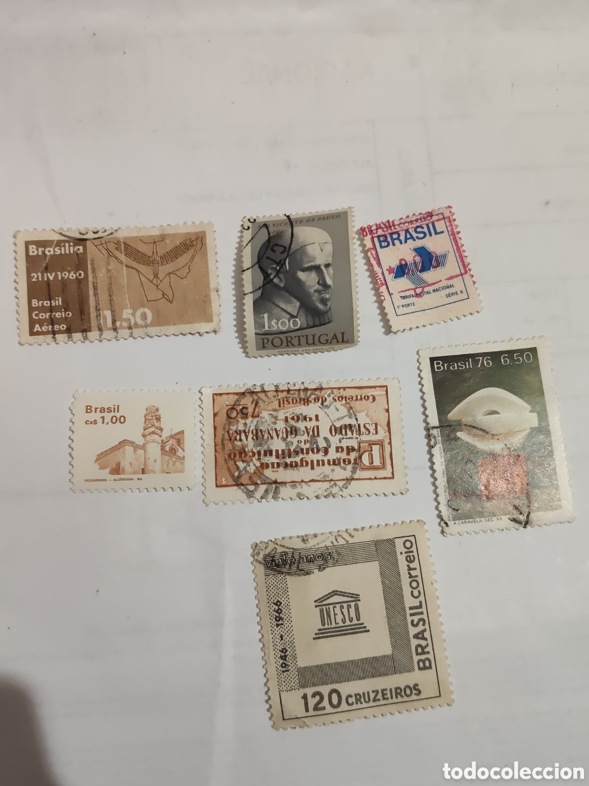 Sellos: 7 sellos antiguos de Brasil tem&aacute;ticas diferentes