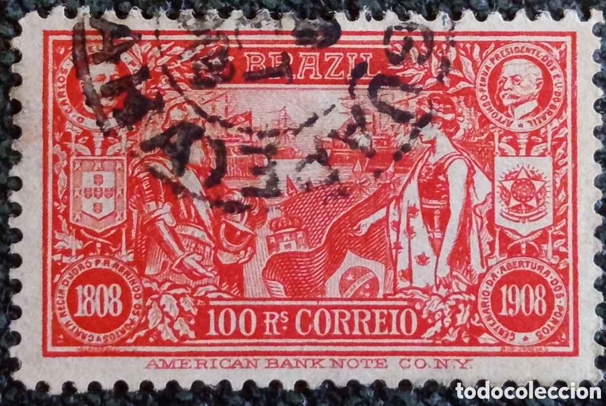 Sellos: Sello Brasil 1908 Centenario Apertura Puertos 100r Usado - Scott 190