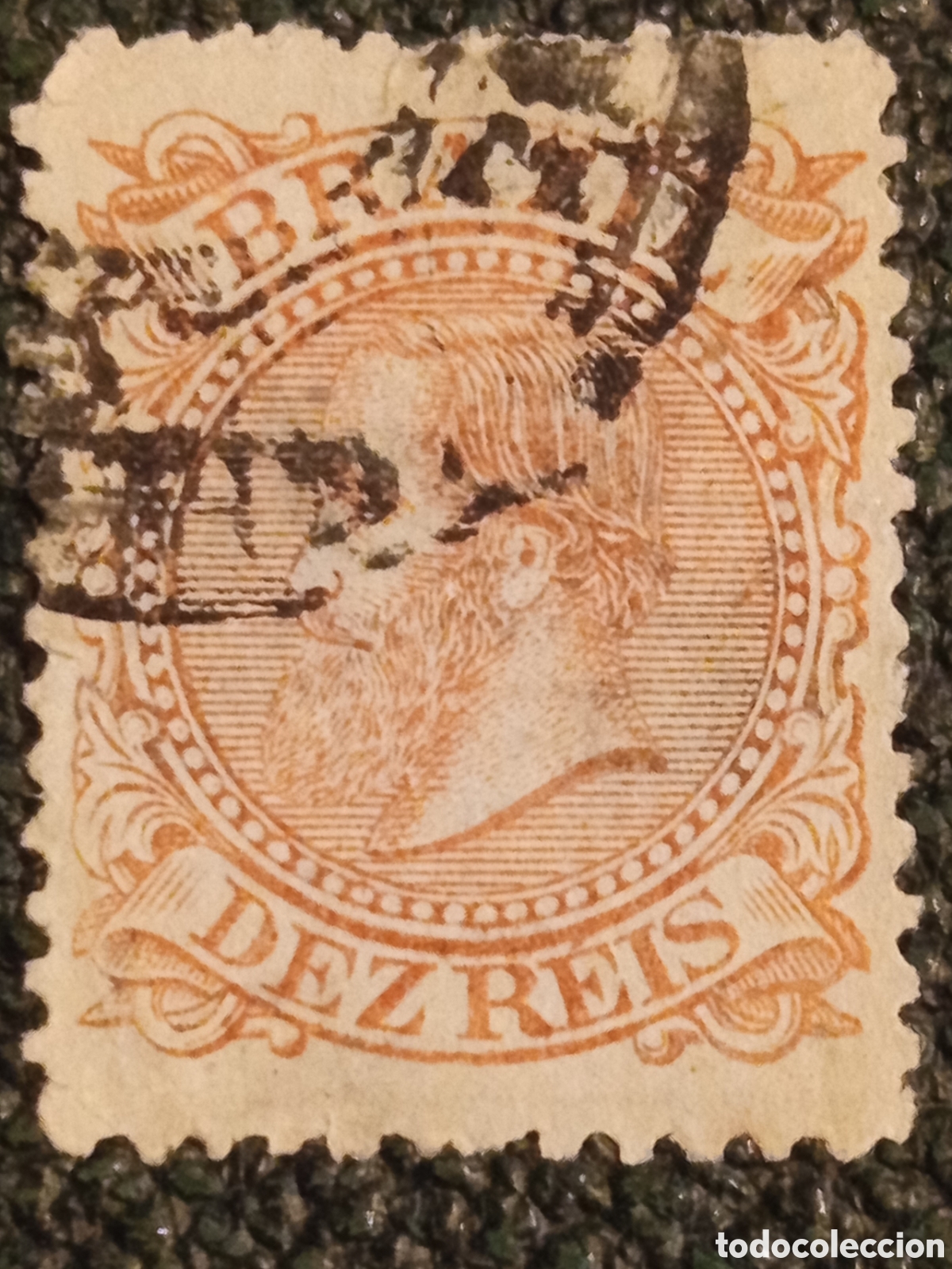 Sellos: &bull; Sello Brasil 1878 Dom Pedro II Dez Reis Naranja Bermellon Usado - Scott 68