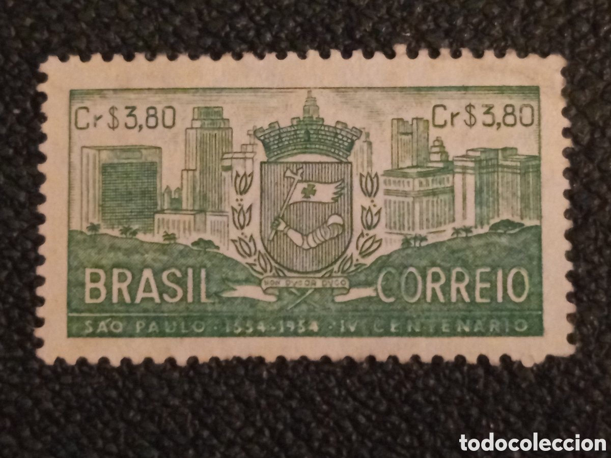 Sellos: Sello Brasil 1954 IV Centenario Sao Paulo Cr$3,80 Verde Escudo Ciudad - Scott 774 MH