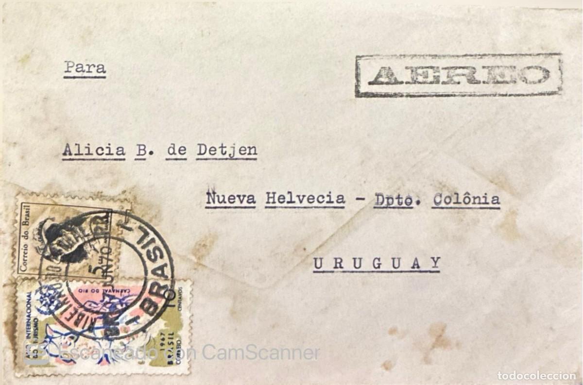 Sellos: MI) 1970 BRAZIL, AIRMAIL COVER FROM RIBEIR&Atilde;O DO PINHAL TO NUEVA HELVECIA (URUGUAY), FRANKED WITH TWO