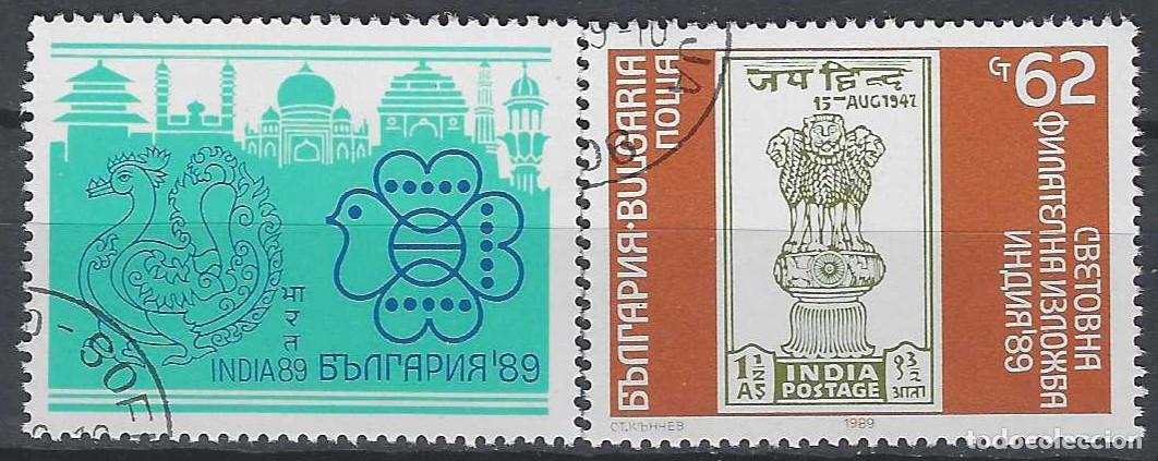 Sellos: BULGARIA 1989 - EXPO. FILAT&Eacute;LICA INTERNACIAL &rdquo;INDIA 89&rdquo;, S.COMPLETA CON VI&Ntilde;ETA - USADOS