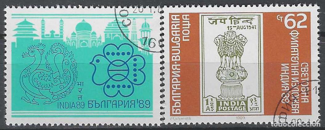 Sellos: BULGARIA 1989 - EXPO. FILAT&Eacute;LICA INTERNACIAL &rdquo;INDIA 89&rdquo;, S.COMPLETA CON VI&Ntilde;ETA - USADOS
