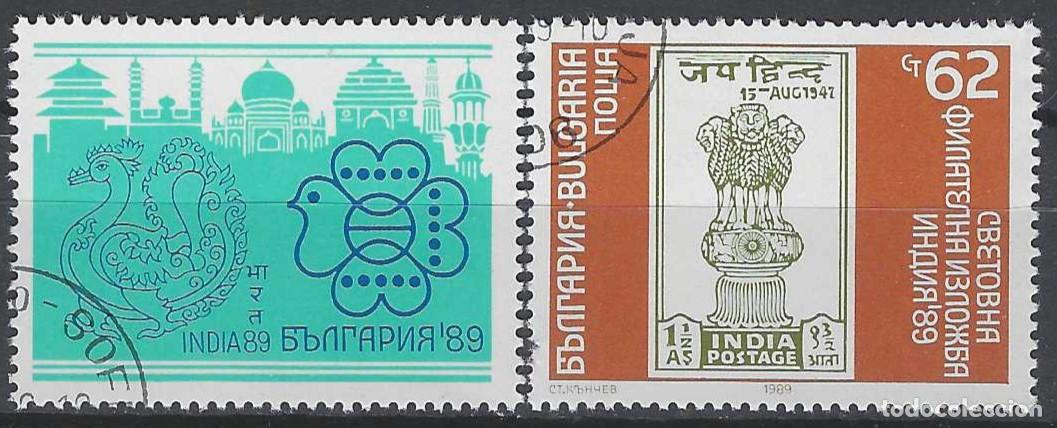 Sellos: BULGARIA 1989 - EXPO. FILAT&Eacute;LICA INTERNACIONAL &rdquo;INDIA 89&rdquo;, S.COMPLETA CON VI&Ntilde;ETA - USADOS